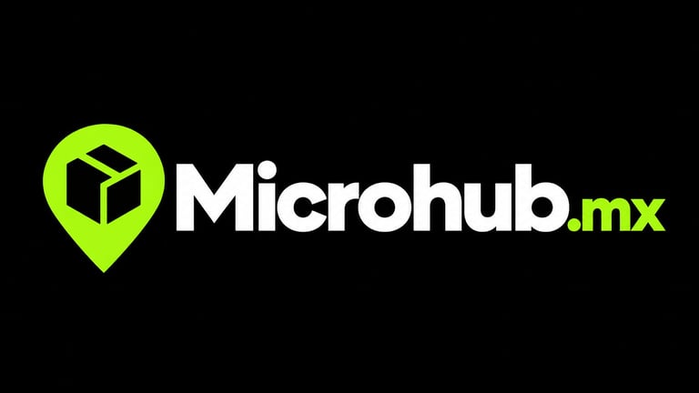 Microhub.mx logo con pin de ubicación verde lima, caja y texto blanco sobre fondo negro