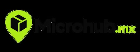 Logo minimalista de Microhub.mx con pin de ubicación verde lima y caja 3D